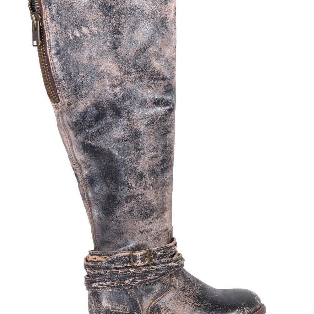 Bed Stu Womens 6.5 Black Leather Distressed Knee High Riding Boots Tie Dye